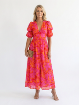 Ellis & Johnson™ | Floral V Neck Puff Sleeve Midi Dress