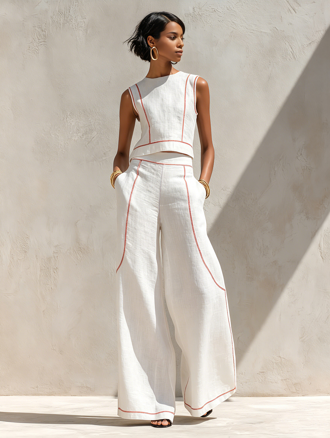 Cotton-Blend Contrast-Stitched Pants Set