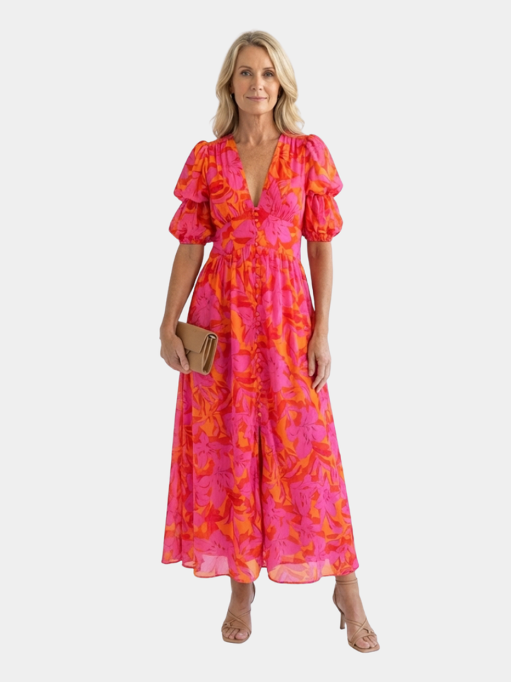 Willow | Floral V Neck Puff Sleeve Midi Dress