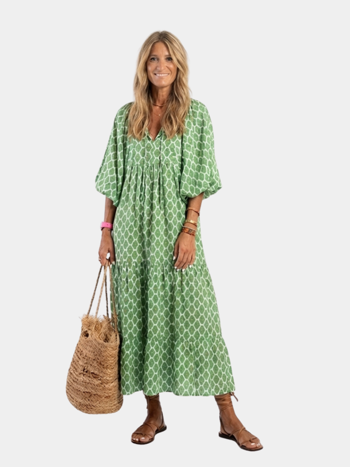 Apolline | Three Quarter Sleeve V Neck Patterned Midi Dress