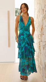 Floral Print Dress with Deep V-Neck