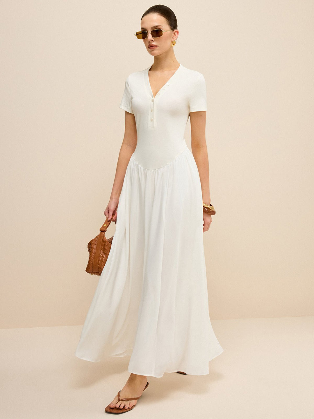 Button-Placket V-Neck Maxi Dress