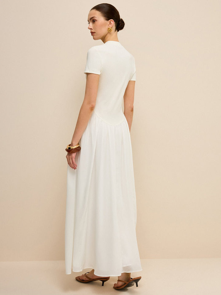 Button-Placket V-Neck Maxi Dress