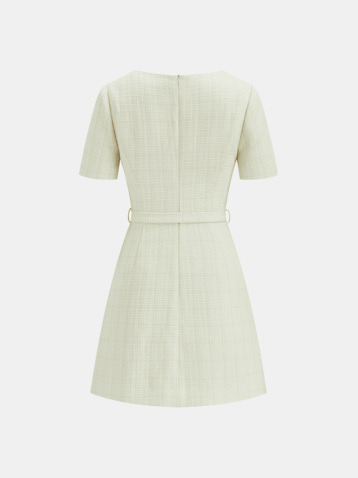 Metal Detail Tweed Belted Mini Dress
