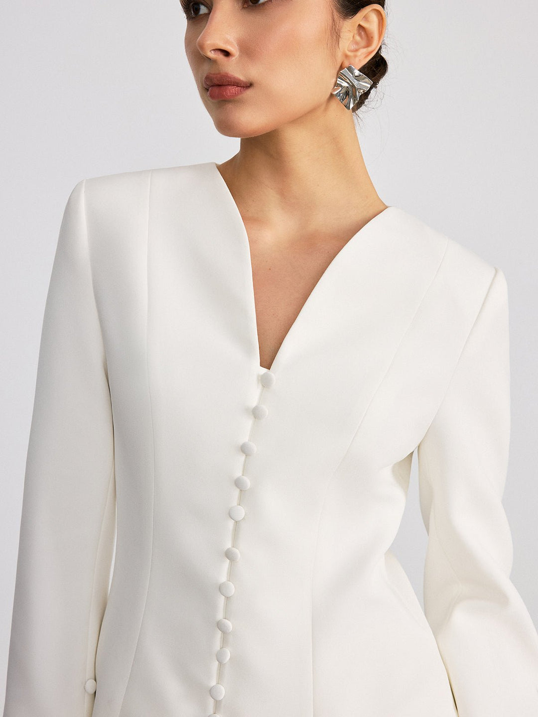 Button Front Flared Cuff Fitted Blazer