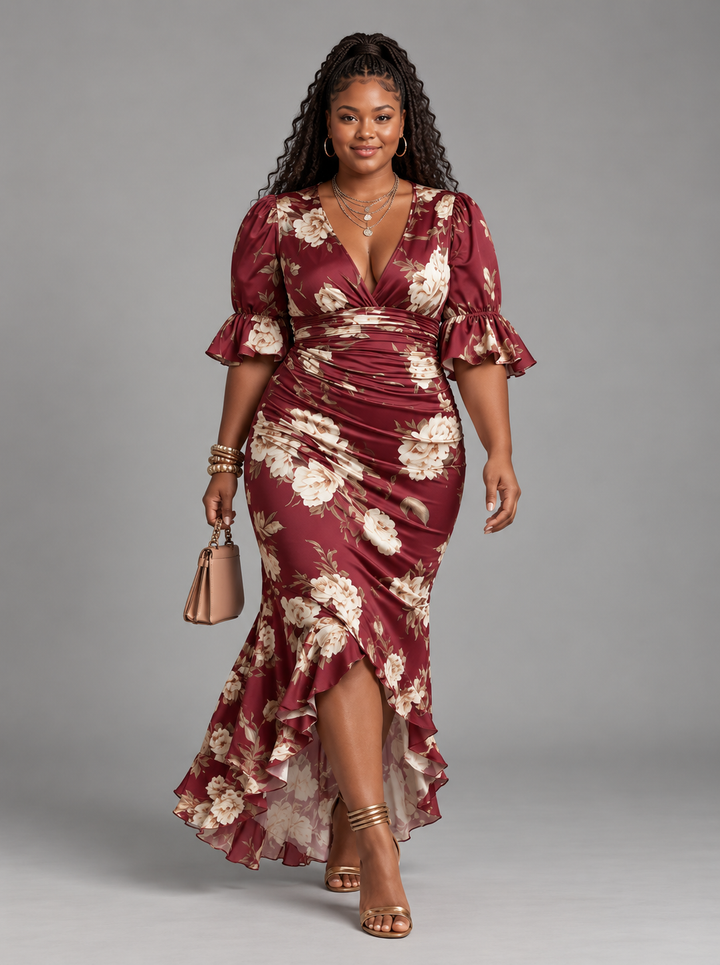 Anastasia | Long Satin Dress With Floral Print