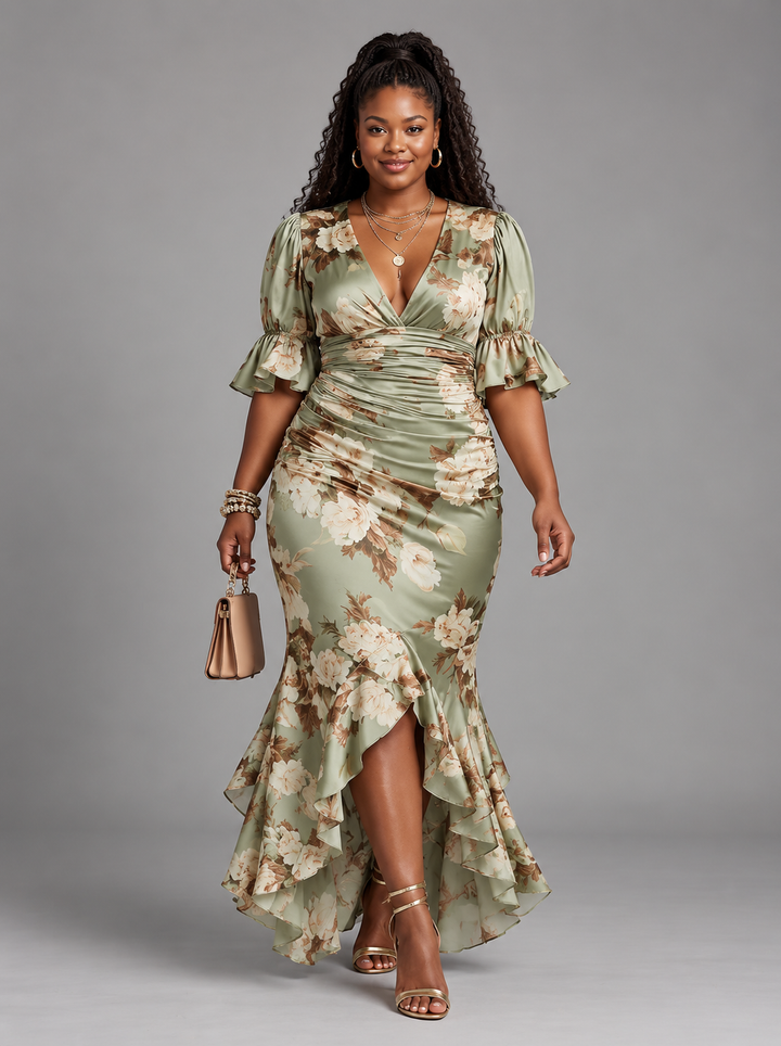 Anastasia | Long Satin Dress With Floral Print