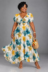 Chinyere | Shirred Floral V-Neck Maxi
