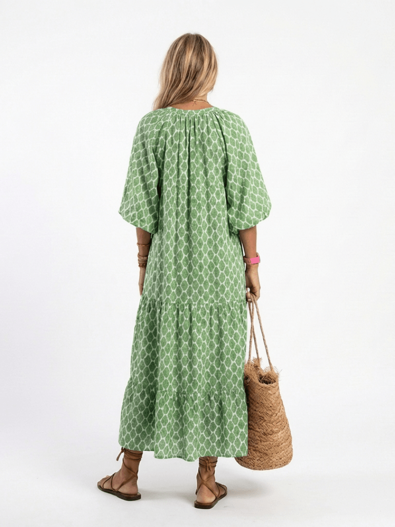 APOLLINE™ | Three Quarter Sleeve V Neck Patterned Midi Dress