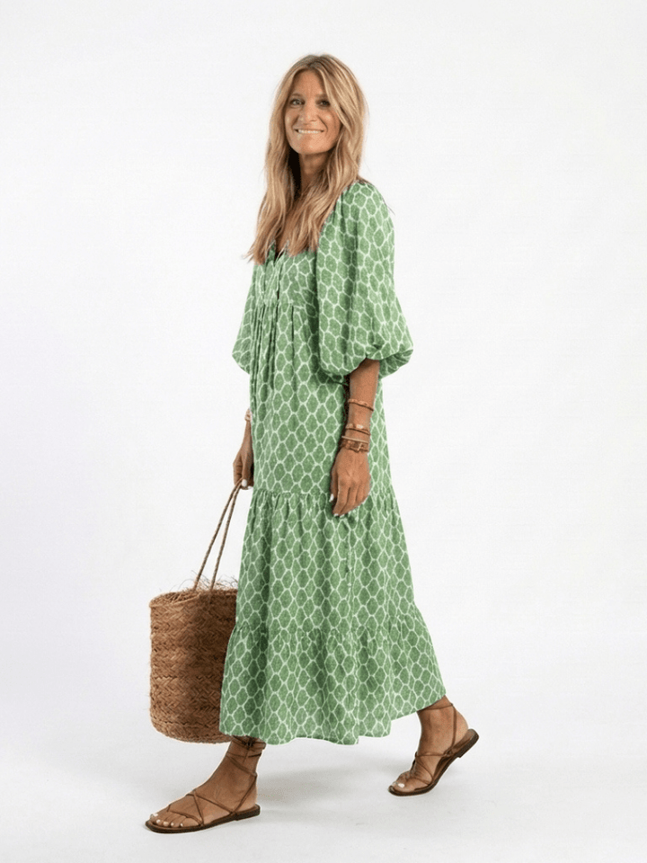 APOLLINE™ | Three Quarter Sleeve V Neck Patterned Midi Dress