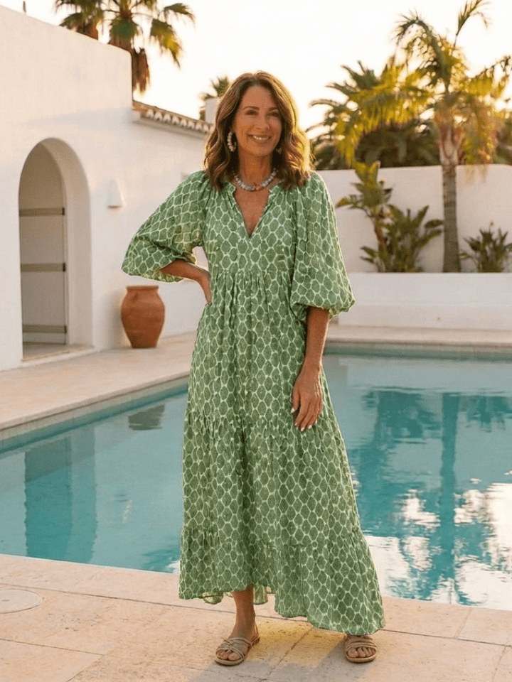APOLLINE™ | Three Quarter Sleeve V Neck Patterned Midi Dress