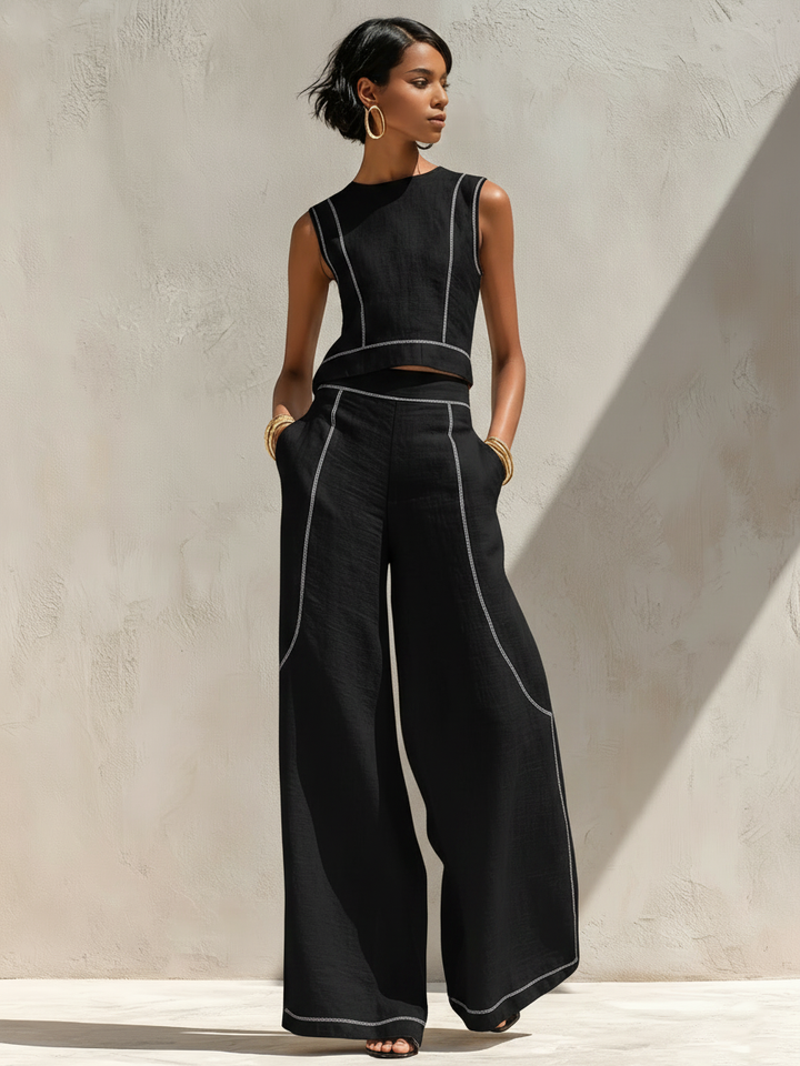 Cotton-Blend Contrast-Stitched Pants Set