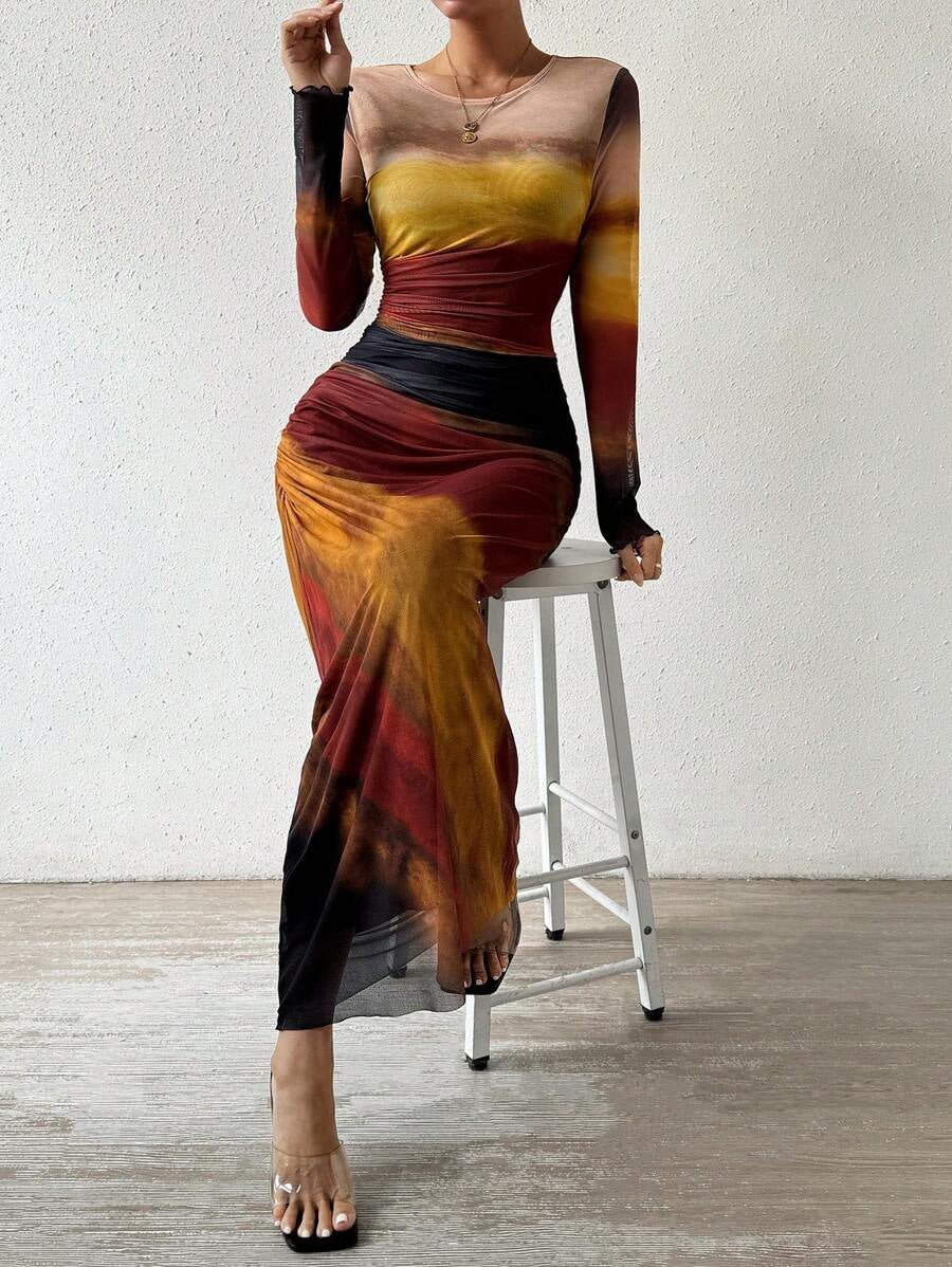 JULIA™ - Comfy Printed Long Sleeve Round Neck Bodycon Maxi Dress