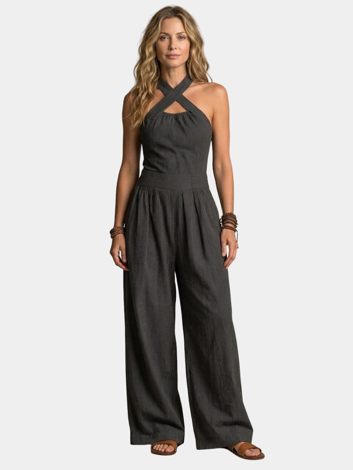 Wren | Crossover Halter Wide-Leg Jumpsuit