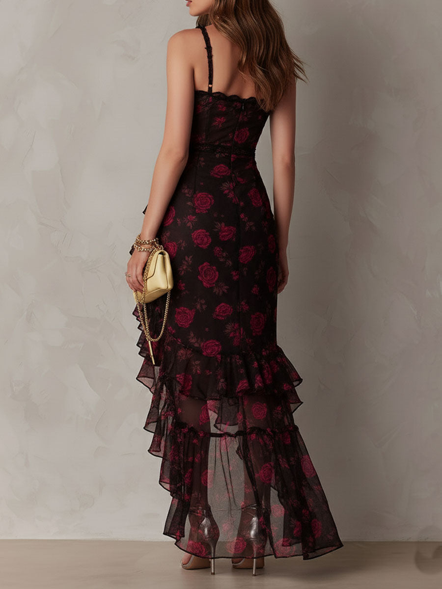 Chic Black and Red Dress with Flowers and Ruffles
