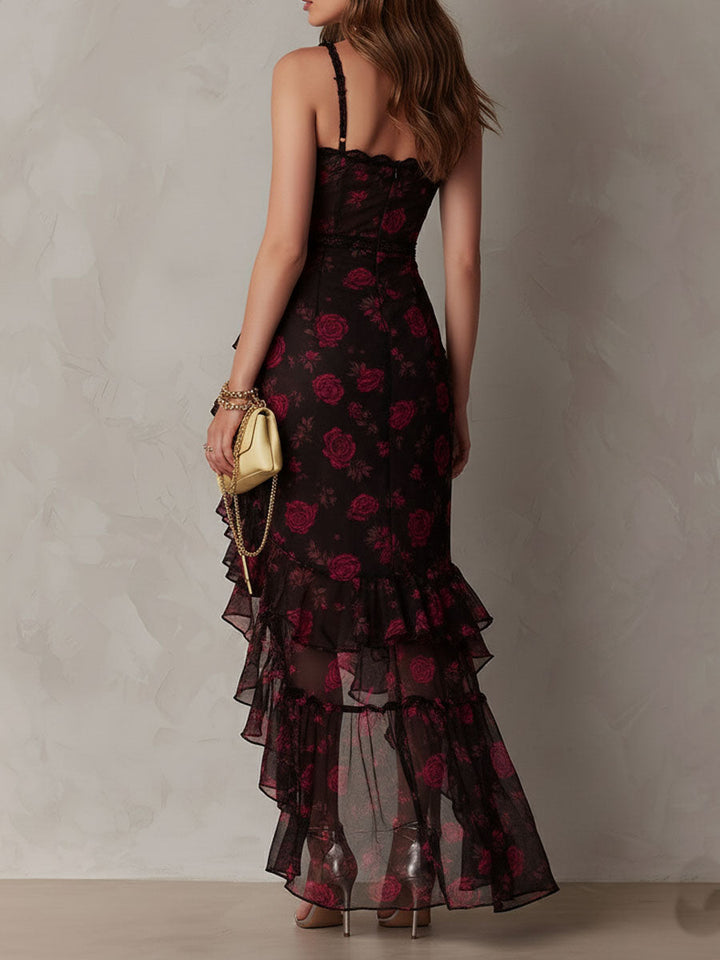 Chic Black and Red Dress with Flowers and Ruffles