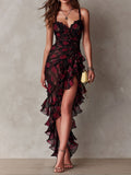 Chic Black and Red Dress with Flowers and Ruffles