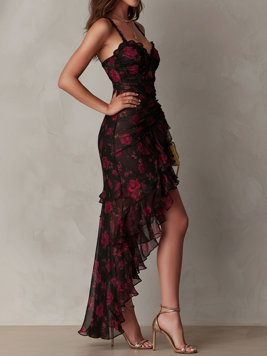 Chic Black and Red Dress with Flowers and Ruffles