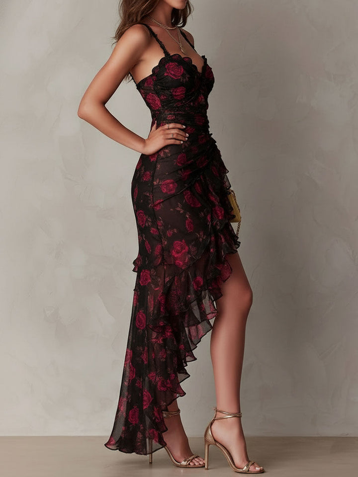 Chic Black and Red Dress with Flowers and Ruffles
