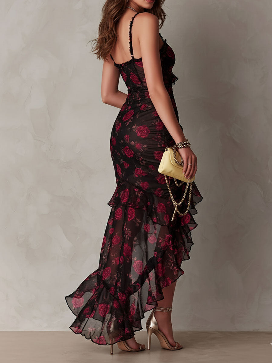 Chic Black and Red Dress with Flowers and Ruffles