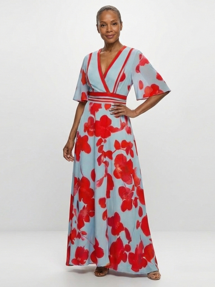 Ellis & Johnson™ | V Neck Short Sleeve Floral Maxi Dress