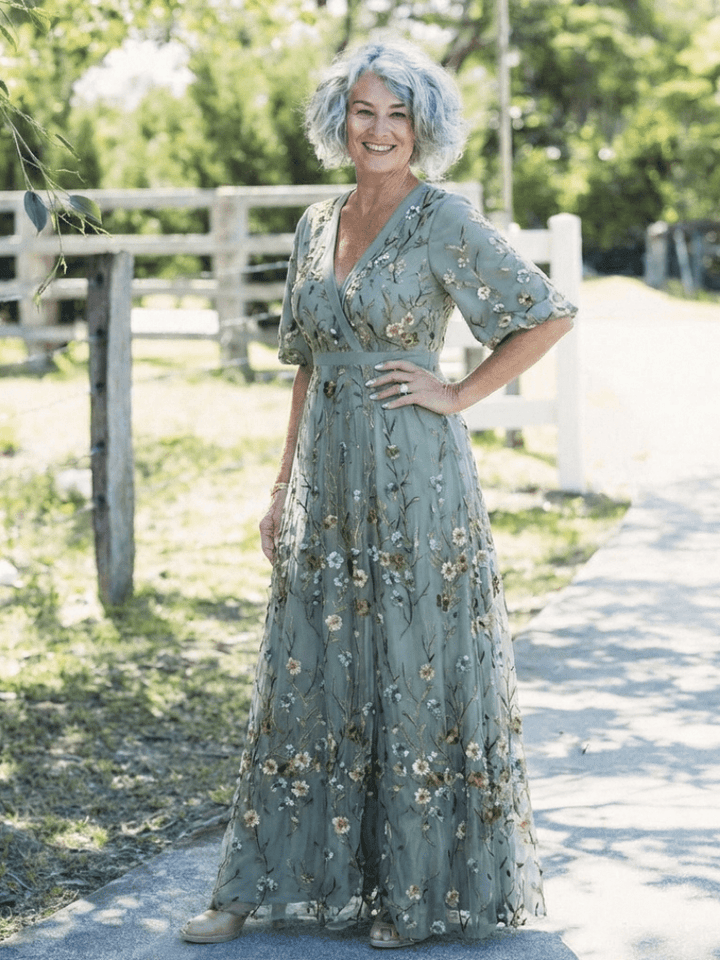EVADNE™ | Floral V Neck Short Sleeve Maxi Dress