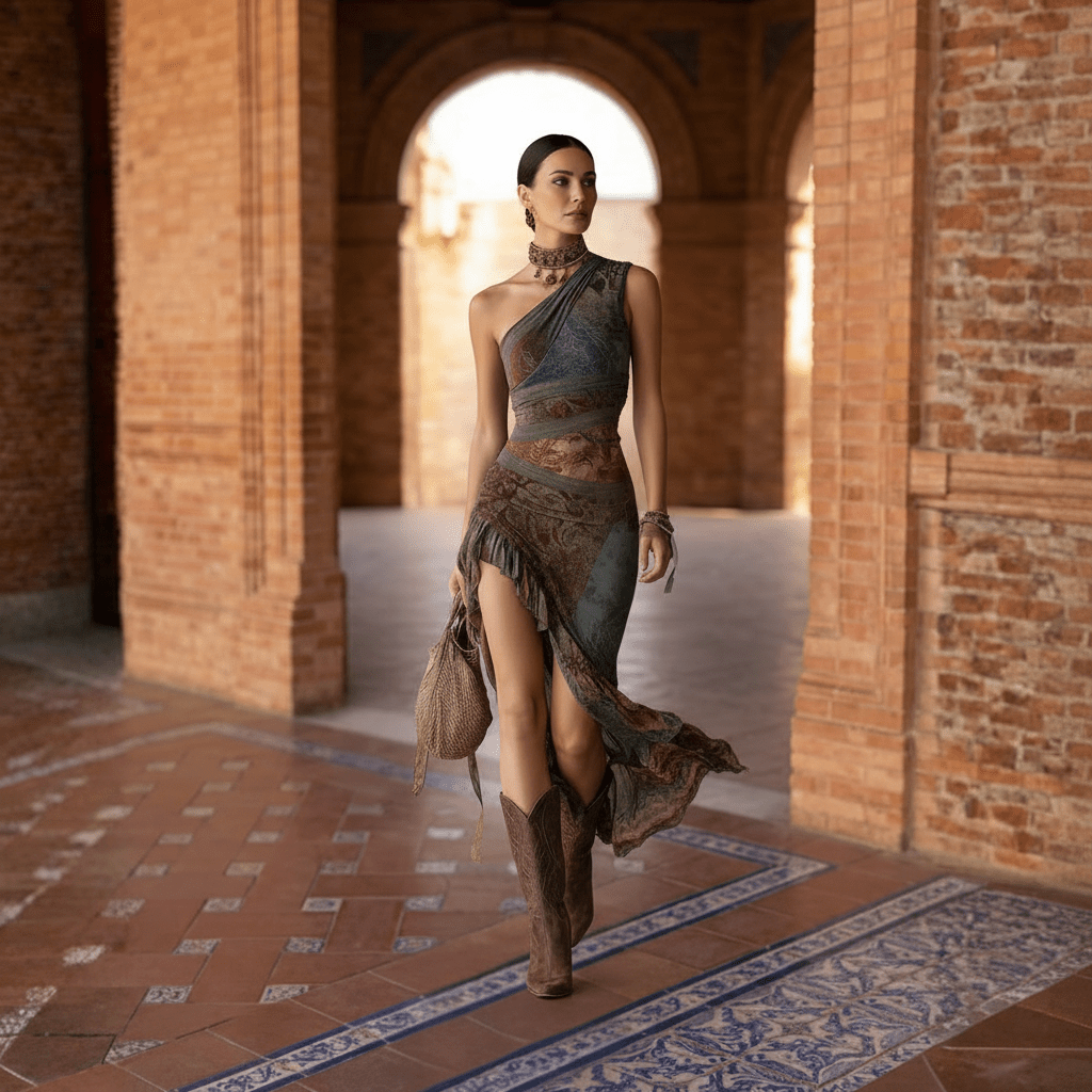 MARIA | Long Asymmetrical Dress with an Ethnic Print