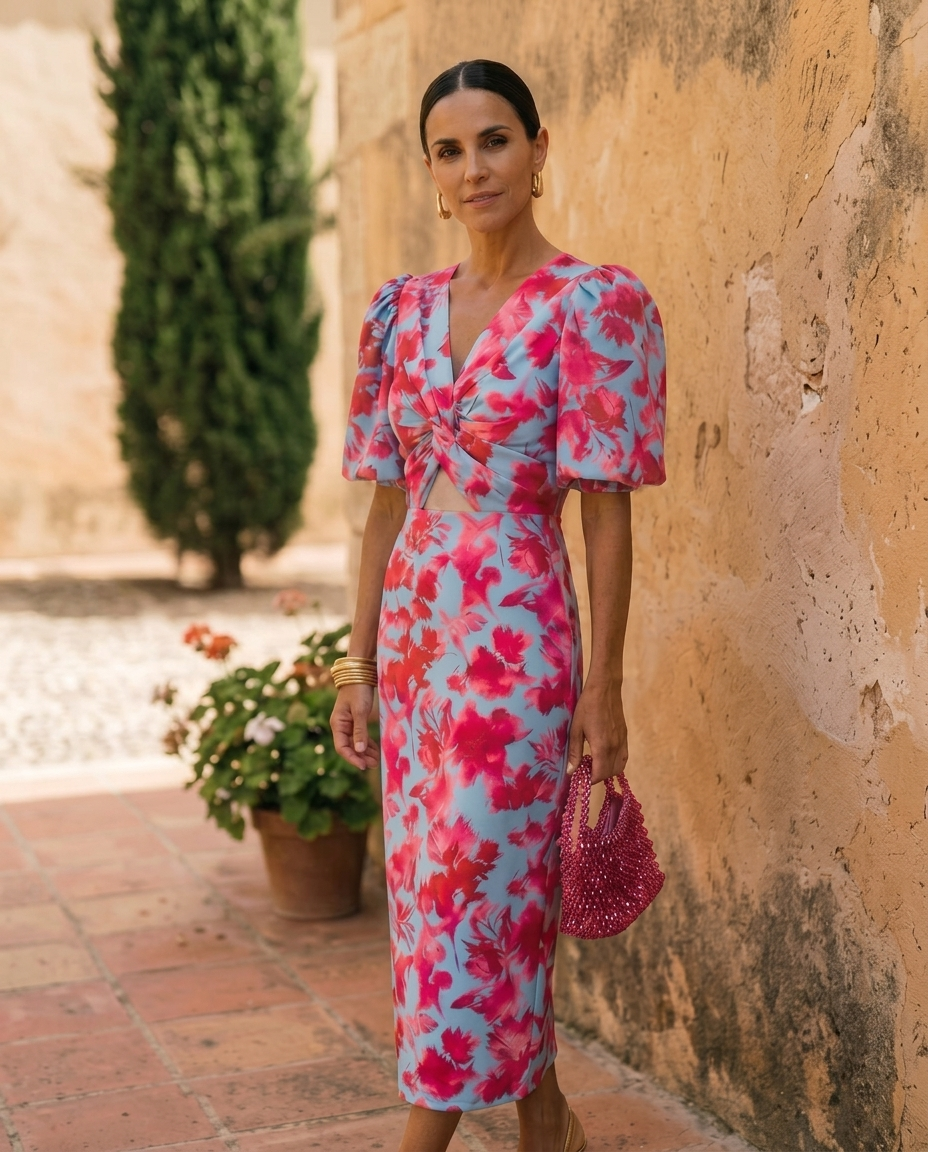 Carla | Printed Midi Dress with Puff Sleeves