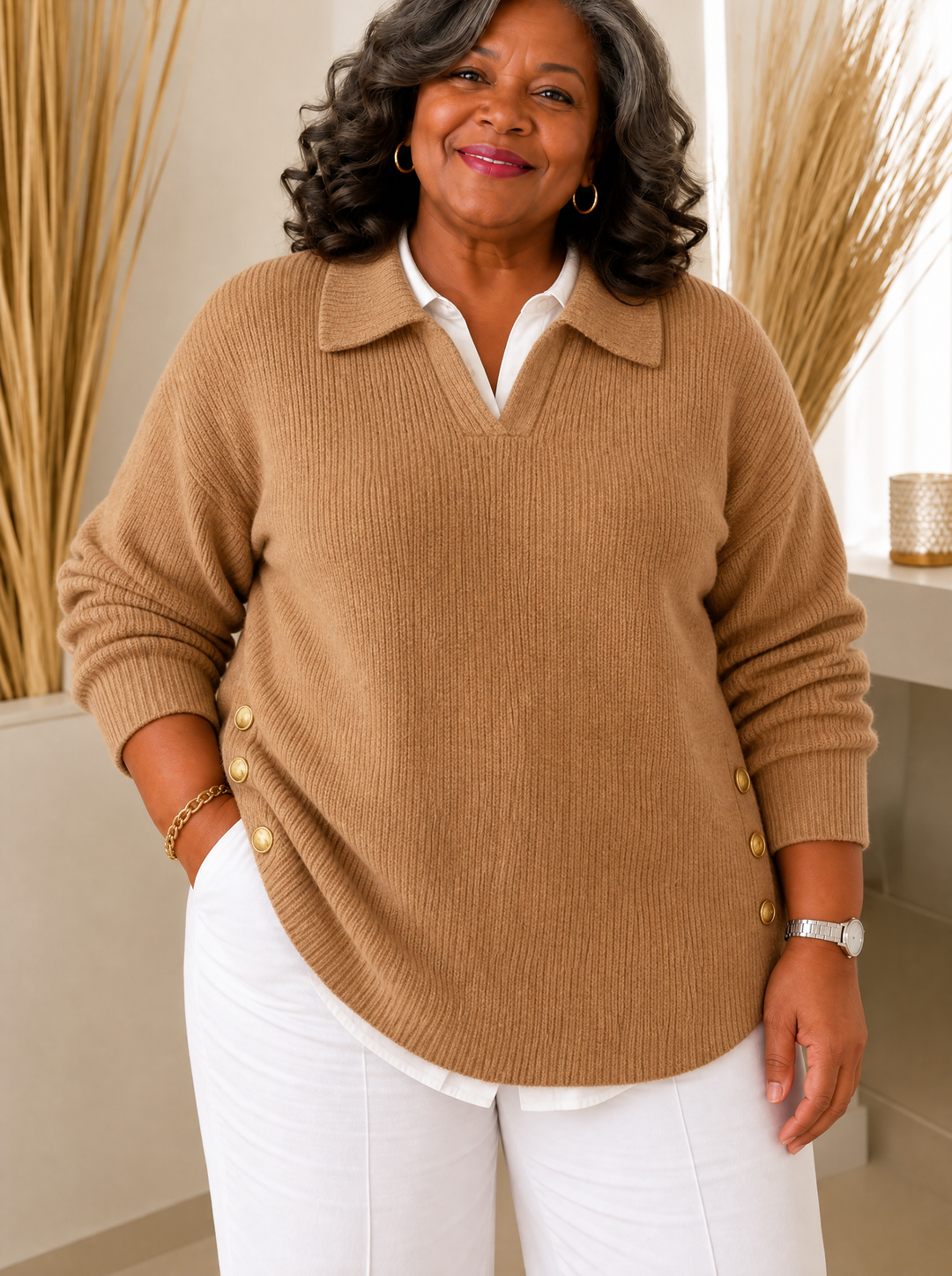 V-Neck Jumper with Collar for Women