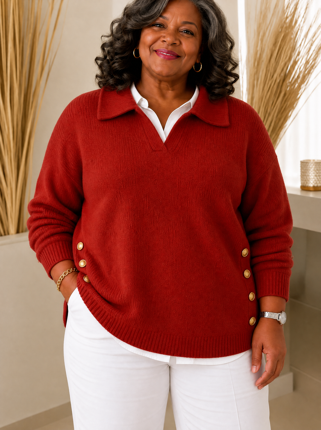 V-Neck Jumper with Collar for Women