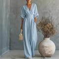 Iris | Wide-Leg V-Neck Belted Jumpsuit